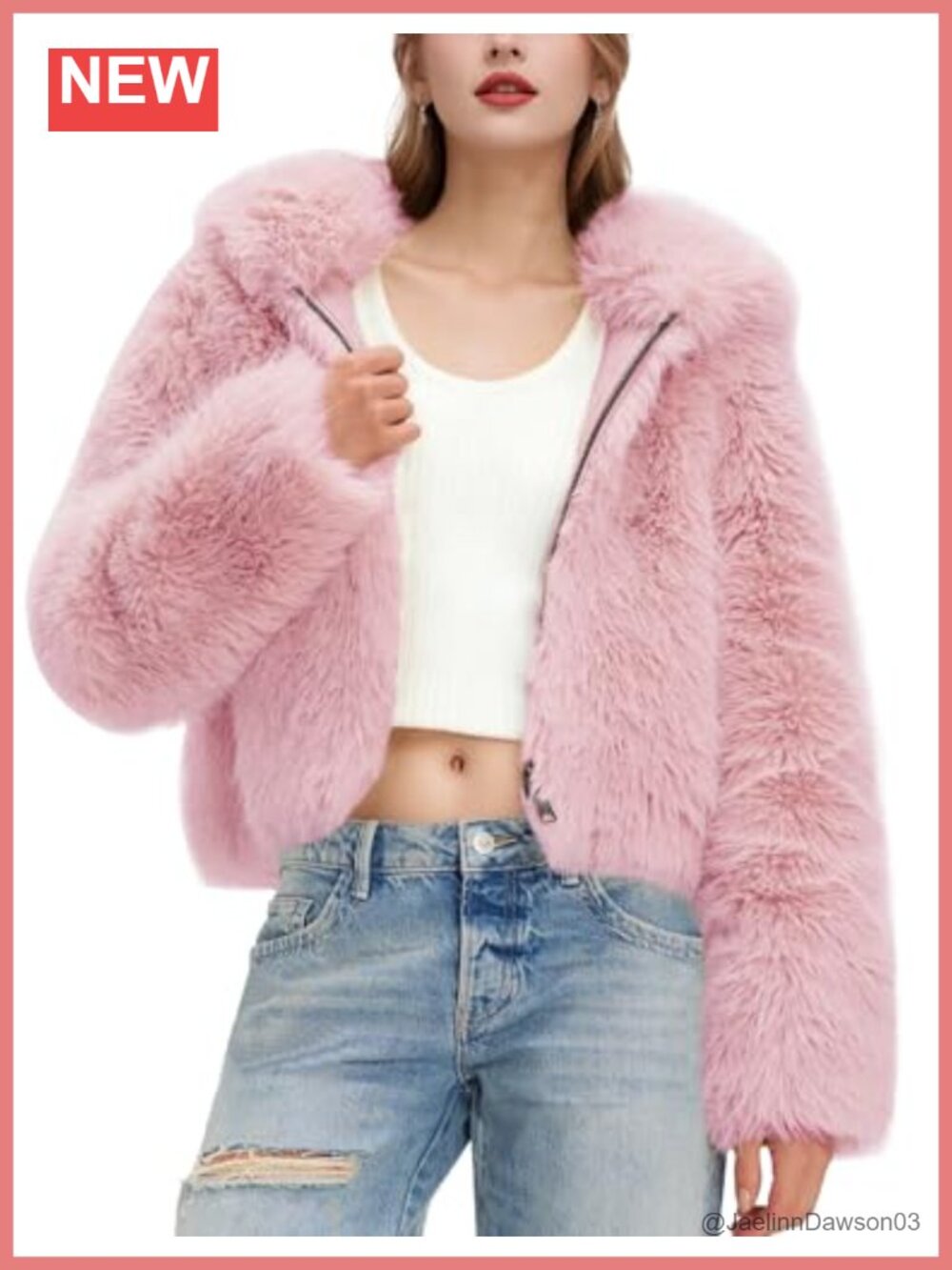 Faux Fur Hooded Cropped Winter Coat Zip Up Fuzzy Warm Jacket Pockets